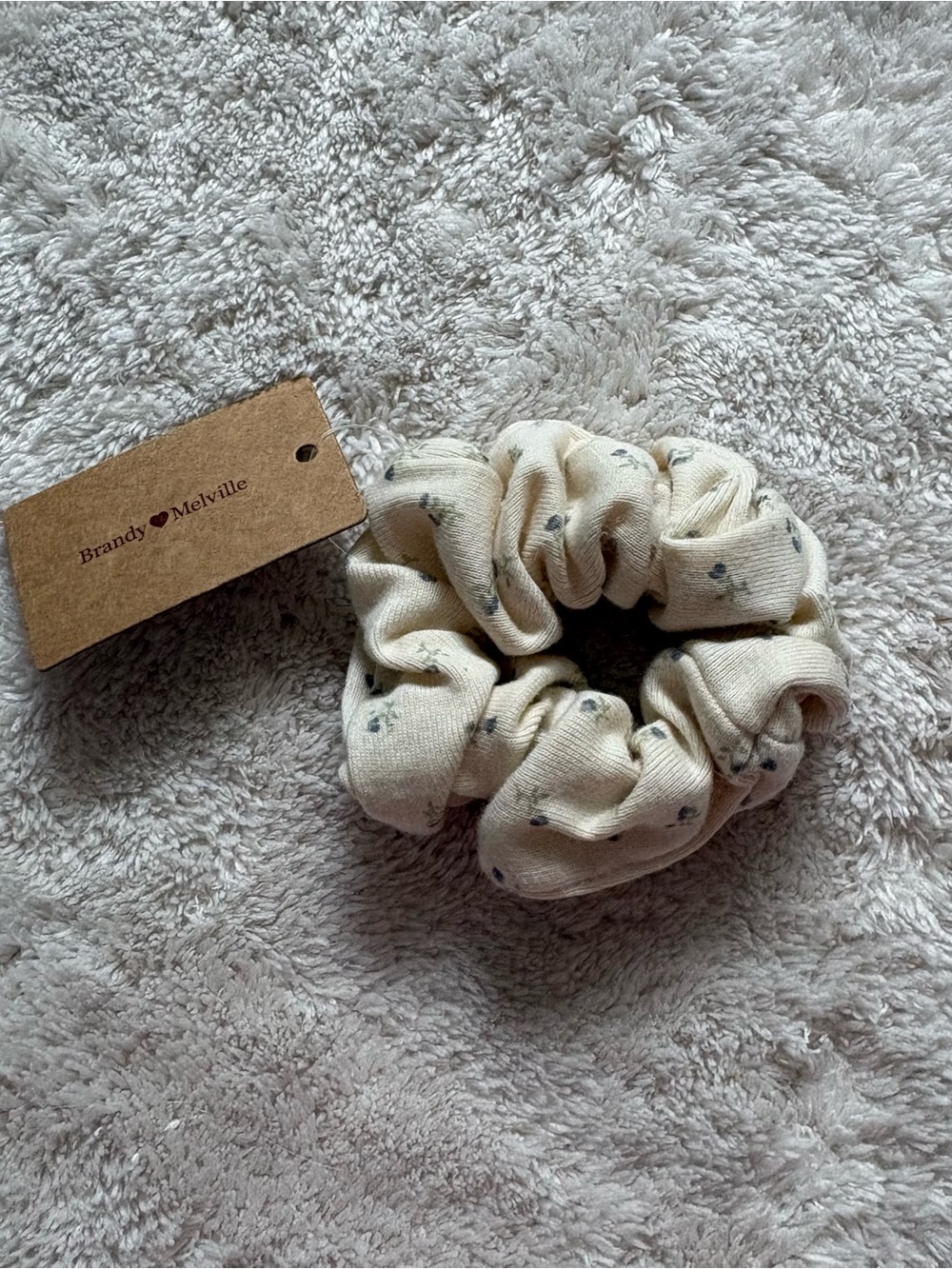 Brandy Melville Cream Floral Kids Scrunchie with Tiny Gray Blossoms
